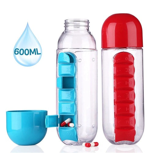 2in1 Trinkflasche 600ml mit integriertem Pillen Organizer – Medikamentenbox für unterwegs