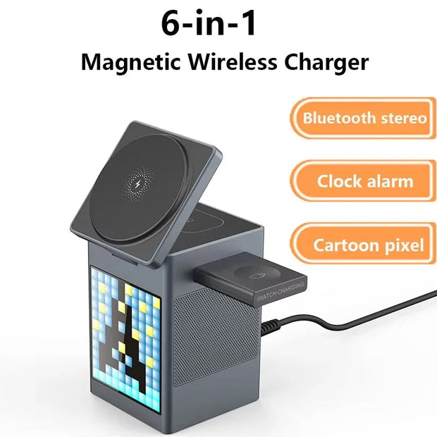 6-in-1 Smart Magnetic Ladestation mit Bluetooth-Speaker & LED-Uhr